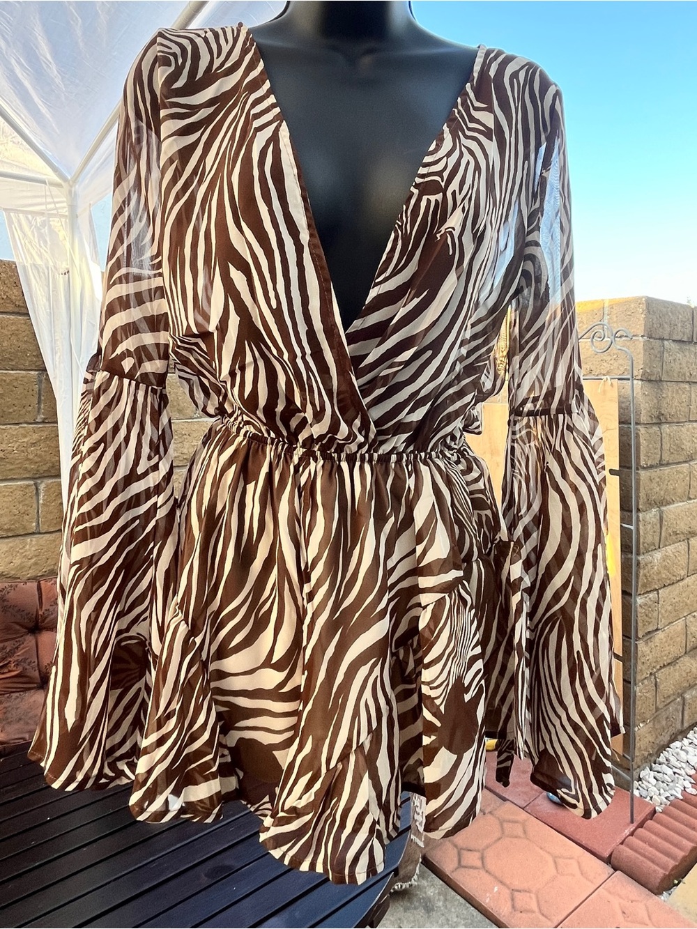 Brown & Cream Zebra Print V-Neck Romper Mini Dress